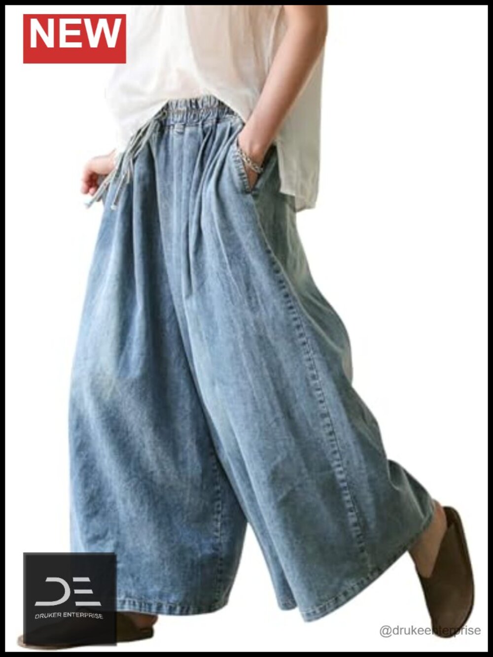 Wide Leg Baggy Jeans Plus Size Elastic Waist Denim Pants Deep Pockets